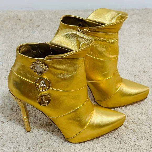 Gorgeous Anna Dello Russo Gold Genuine Leather Ankle Boots Size 40NWOT